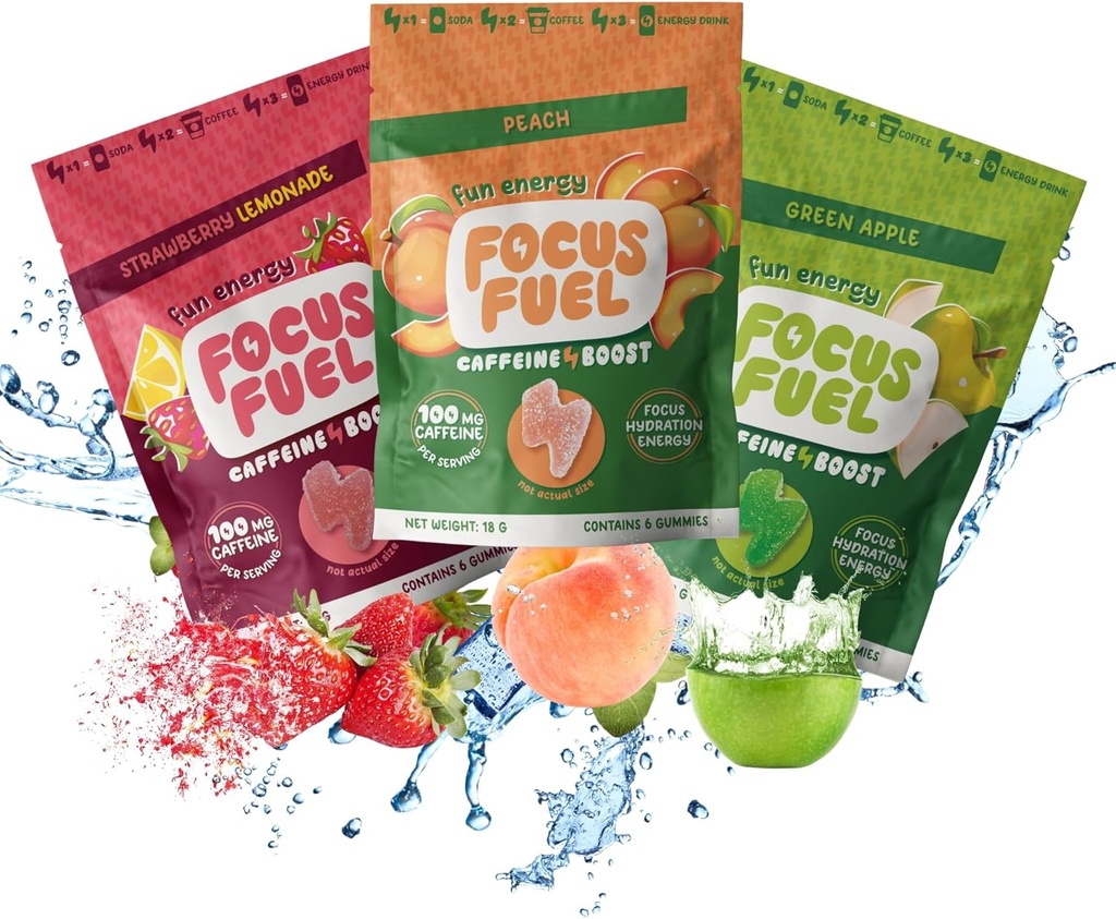 FocusFuel Energy Chews – Trial Size Variety Sample Pack (9 Servings) – 100mg Caffeine + Alpha GPC + L-Theanine + B12, Magnesium – Peach, Green Apple, Strawberry Lemonade Flavors – No Crash or Jitters