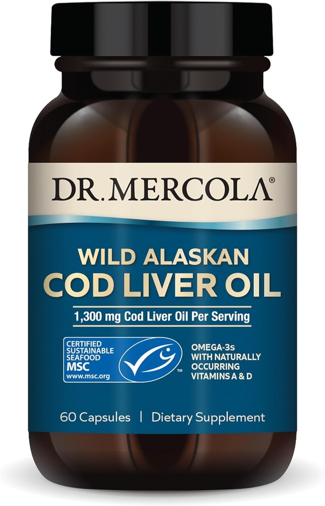Dr. Mercola Cod Liver Oil, 1,300 mg Per Serving, 30 Servings (60 Capsules), Dietary Supplement, Supports Brain, Bone and Joint Health, Non-GMO, MSC Certified