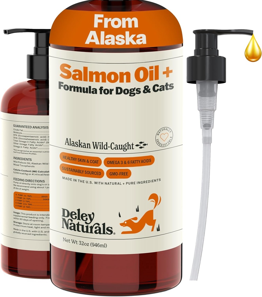 Deley Naturals Wild AliaskA Salmon Oil šunims - naujas & Patobulintas lašišos aliejus plius Formulė - Žuvies aliejus šunims su DHA EPA Omega 3 & 6 Riebalų rūgštys - Omega 3 Žuvies aliejus odai & Coat - 32oz pagaminta JAV