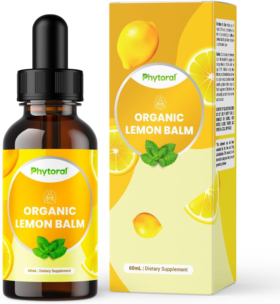 Phytoral Organic Lemon Balm Leaf Liquid Extract for Immunal Support - Lemon Balm Tincture for Mood & Relaxation Support - Organic Tincture Leaf Drops for Adult & Kids Dieta Priedas - 60 ml