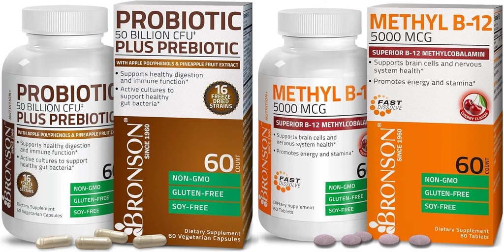 Bronson Probiotic 50 Billion KSV + Prebiotic with Apple Polyfenes & Pineapple Fruit Extract + Metil B12 5000 µg Vitaminas B12 Metilkobalaminas