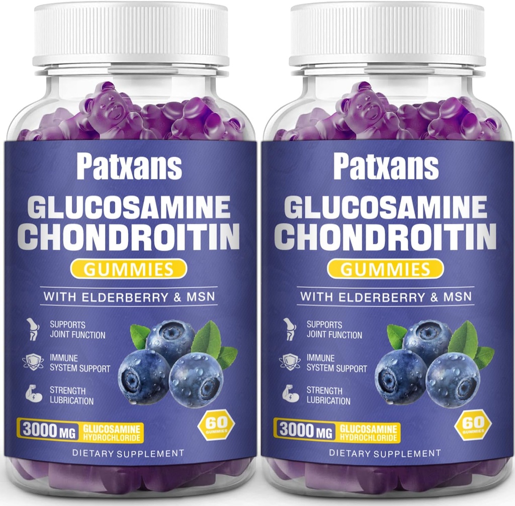 2 Pakuotės 3000MG Gliukozaminas Chondroitin Gummies - Ekstra Stiprus bendras sveikata & MSM Elderberry Gamtos Bendra parama Papildymas, Lankstumas, Antioksidantas Imuninė Parama suaugusiems, 120 Gummies.