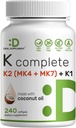 DEGIMO PARAMA Vitaminas K pilnas - 240 kokosų aliejaus softgels ® 124; didelio stiprumo vitaminas K2 (MK-7 ir MK-4) & K1 ® 124; visas spektras Trigubas vitaminas 124; Kaulai, sąnarys, ir imuninė parama - Non-GMO