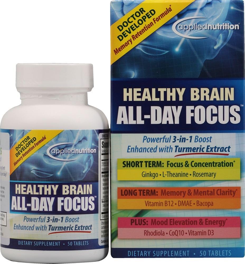 Applied Nutrition Healthy Brain All-Day Focus - 50 Tablets - Powerful 3-in-1 Brain Booster with Turmeric Extract - 25 Servings