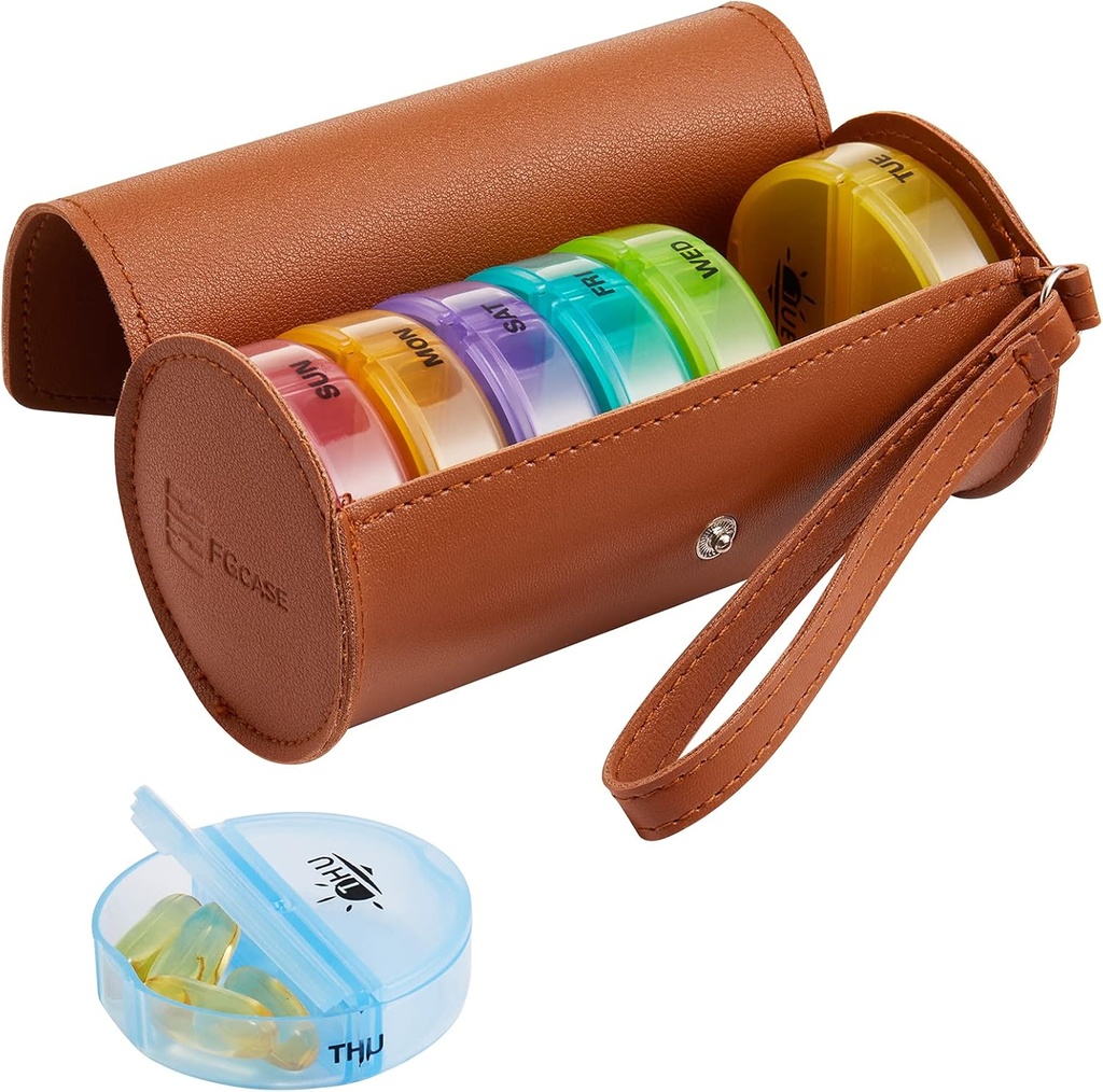 FGcase Weekly Pill Organizer 2 Times a Day Large 7 Day Rainbow Pill Box with Brown PU Leather Case Portable Travel Medication Container AM PM Pill Box for Vitamins, Fish Oils, Medicine, Supplements