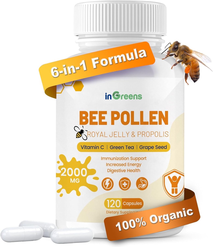 6- in-1 Bee Pollen Priedas, Bee Pollen moterims ir vyrams, Immune & Energy Support, Non-GMO, Pagaminta JAV, 120 kapsulių