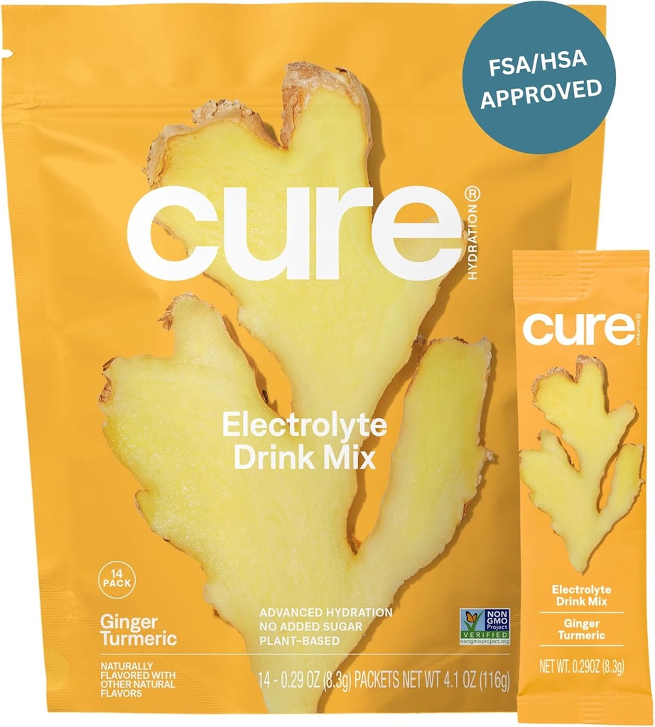 Cure hydration ® 124; Plant-based Electrolyte Drink Mix ® 124; No Added Sugar ® 124; FSA- HSA ® 124; Dehidratacija Refleksinis milteliai Pagaminta su kokoso vandens ® 124; Non-GMO ® 124; Vegan ® 124; Pouch 14 Pakuočių - Imger Turmeric