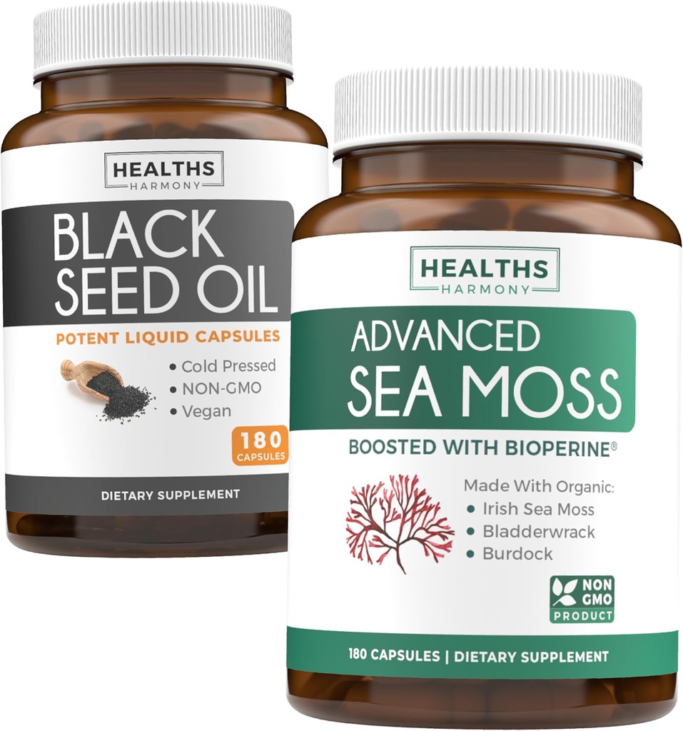 Juodųjų sėklų aliejus ir Airijos jūros mozaika (3 mėnesių tiekimo) - Power Duo Bundle of Black Seed Oil (180 Capsules) Cold- pressed Nigella Sativa & Irish Sea Moss (180 Capsules) su Biooperine ir Bladderwrack