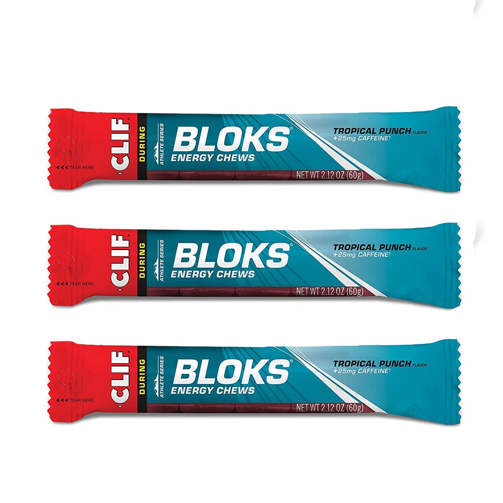 CLIF BLOKS - Energijos Chews - Tropical Punch with 25 mg Caffeine- Non-GMO - Augalų pagrįstas maistas - Greitas kuras dviračių ir bėgimo -Workout Snack (2.1 Ounce Packet, 3 Count)