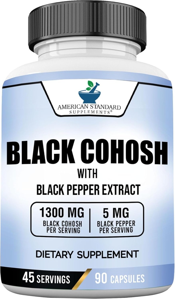 American Standard Supplements Black Cohosh 1300mg per Serving su juodųjų pipirų vaisių ekstraktas - Veganas, Gluten Free, Non- GMO, 90 kapsulės, 45 Paslaugos