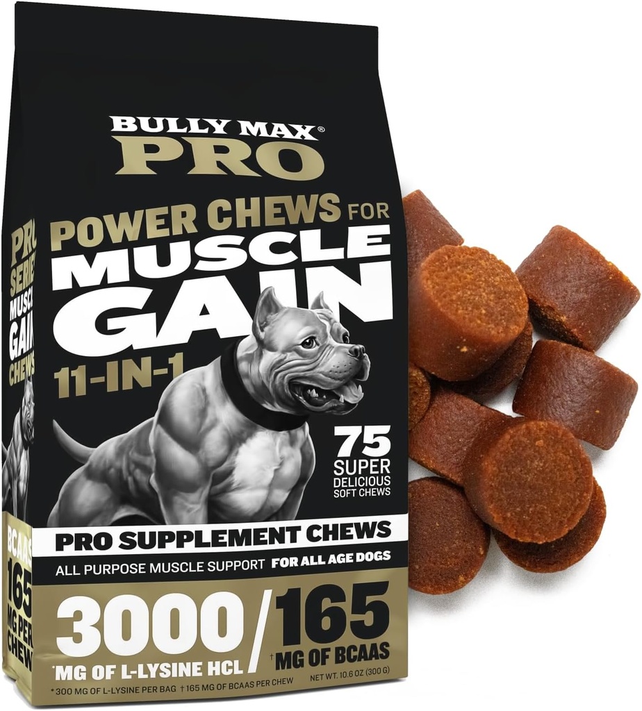 Bully Max 11- in-1 Raumenų Gain Power Chews - Aukšto baltymo šunų papildas su amino rūgštimis - Sveikos procedūros šuniukams ir suaugusiems šunims - Premium raumenų statybininkas visoms veislėms - 75 Skanioji minkštas šuo Chews