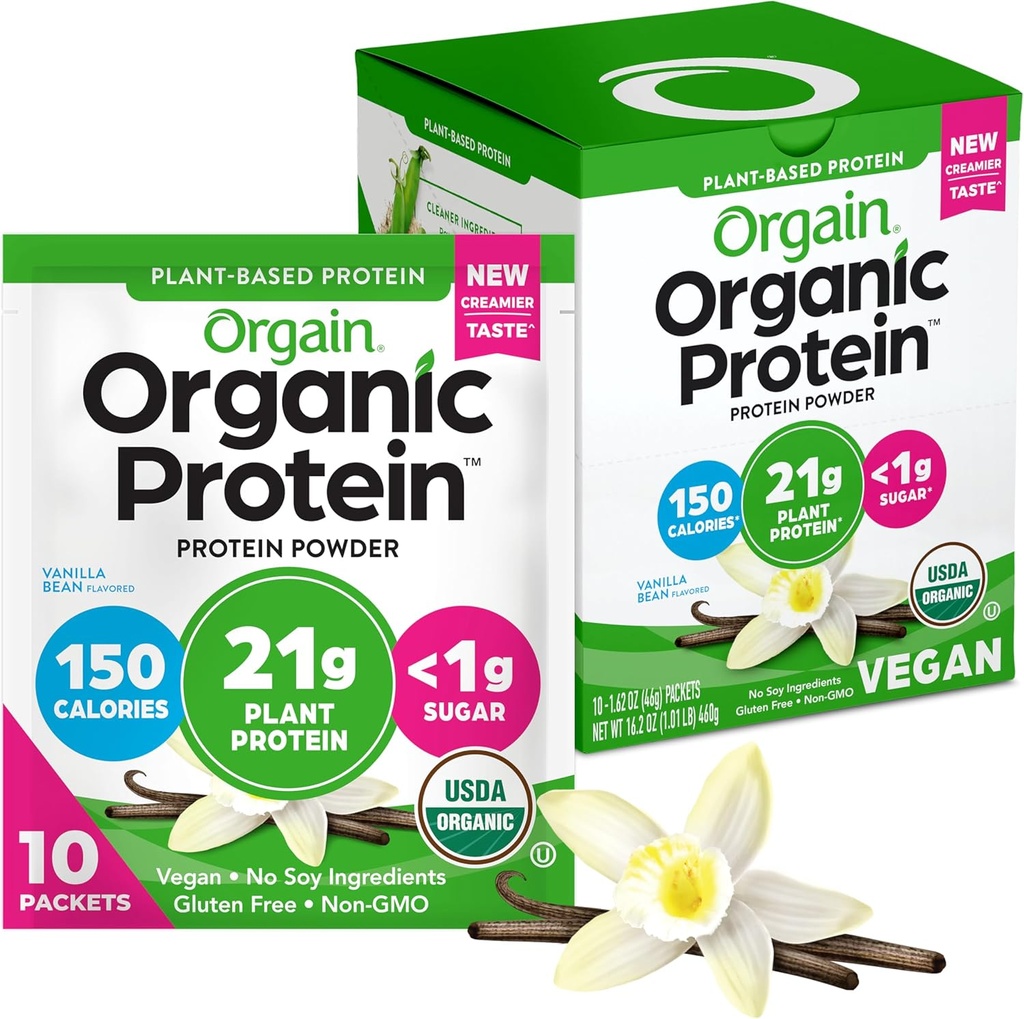 Organ Organ Organic Vegan proteino milteliai, Vanilla Bean - 21g Augalų baltymas, 5g Prebiotinis pluoštas, Low Carb, Nėra laktozės ingredientų, Nėra pridėtojo cukraus, Non GMO, Šakams ir smokojimams, 10 Kelionių paketai
