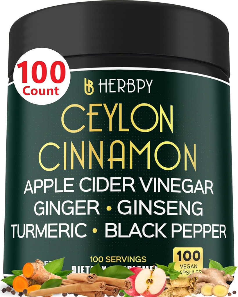 6in1 Premium Ceylon Cinnamon Supplement Plus Apple Cider Vinegar, Turmeric, Ginger, Ginseng - Weight Management, Digestion - 100 Vegan Capsules