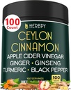 6in1 Premium Ceilono cinamono papildas plius Apple Cider Actas, Turmerinis, imbieras, Ginseng - Svorio valdymas, Digestion - 100 Vegan kapsulės