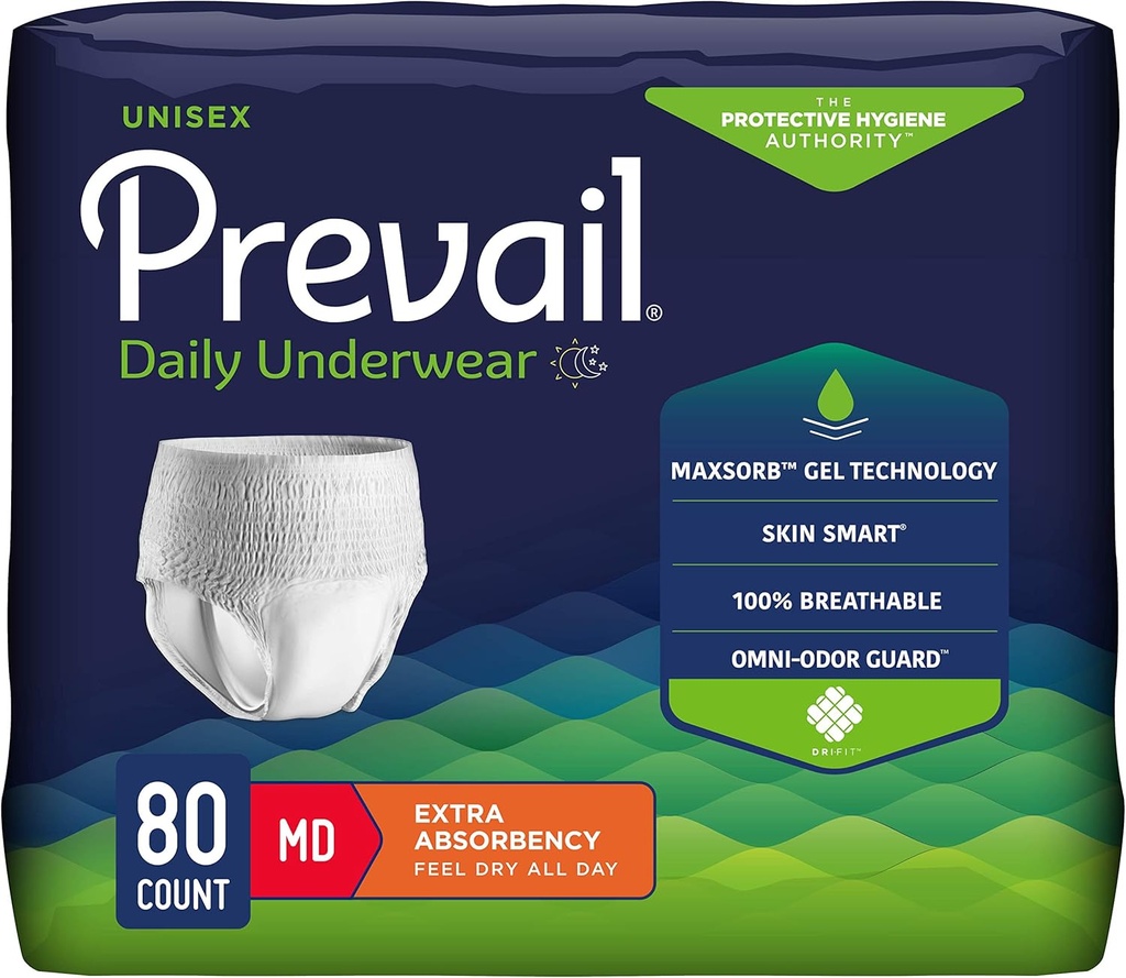 Prevail Dienos apsauginiai apatiniai - Unisex Suaugusiųjų apatiniai - Vienkartiniai Suaugusiųjų vystyklai vyrams ir moterims - Maksimalus Absorbency - Vidutinis - 80 Skaičiavimas (4 pakuotės po 20)