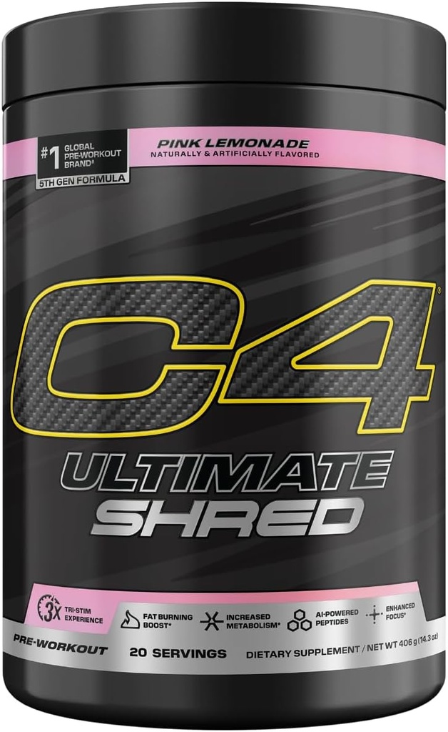 Cellucor C4 Ultimate Shred Pre Workout Mills, Metabolization Addition with Cayenne Extract + 300mg Caffeine + TeaCrine + Dinamine - Pink Lemonade, 20 Servings