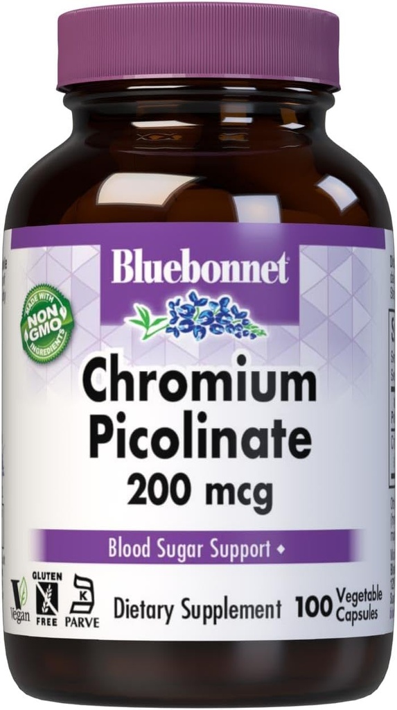 Bluebonnet Chromo Picolinate 200 mcg, 100 vegetariškų kapsulių, 100 skaičius