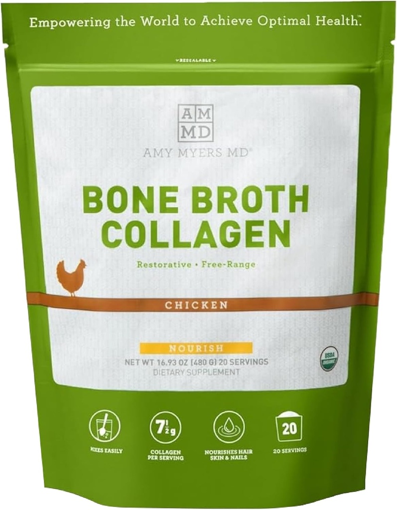 Amy Myers MD Kaulų Broth Collagen milteliai - Ekologiškas vištienos kaulų brotas - Sveikos odos ir nagų palaikymas - Gut Health & Joint Support - 20 Servings, vištienos skonio