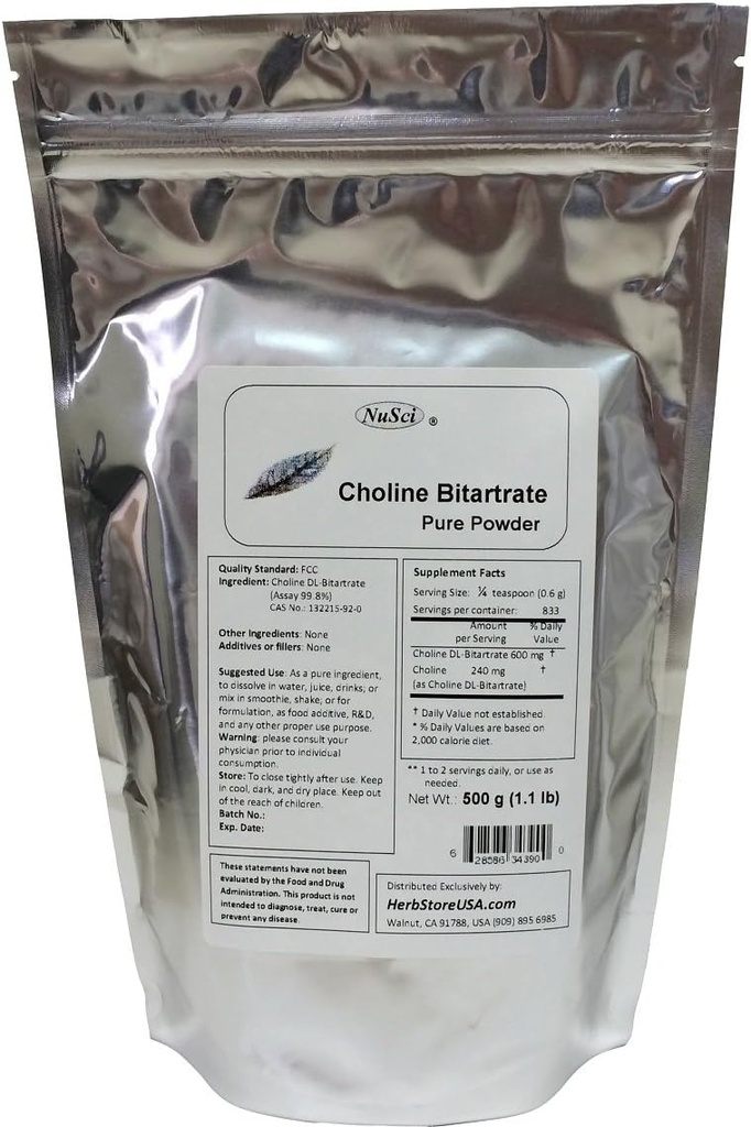 Choline DL- Bitartrate Pure milteliai 500g (1,1 lb, 17,6 oz) Smart Nutrient