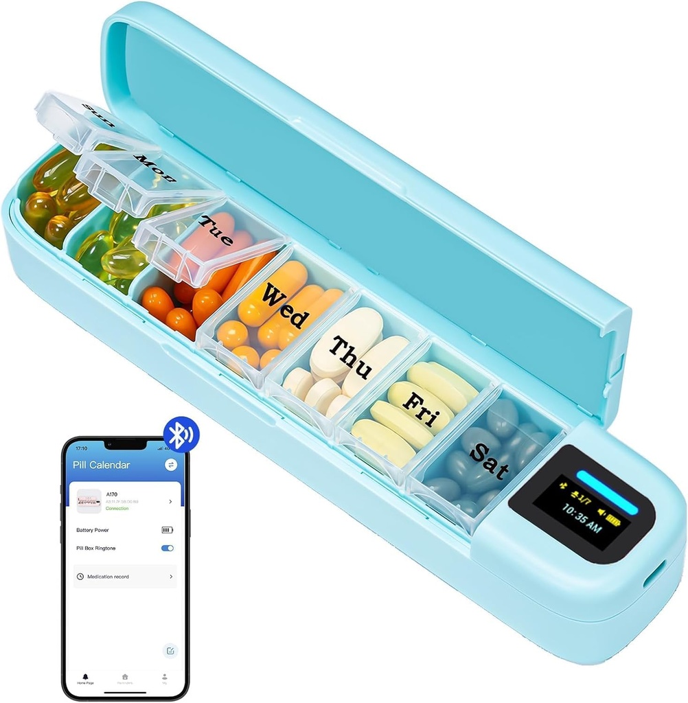 Daviky Smart Pil organizatorius su signalizacija, BluetoOth Kasdien Kartą per dieną pil Box 7 Diena su APP, Savaitės Kelionės Pil Case, Portable Pil Priminimas vaistų, papildai ir vitaminai (Žalia)