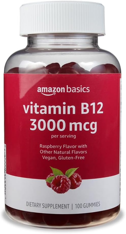 Amazon pagrindai Vitaminas B12 3000 mcg Gummies, Normalus energijos gamybos ir metabolizmo, Imuninės sistemos parama, Aviečių, 200 Skaičiavimas (2 Pakuotės 100), 2 per service