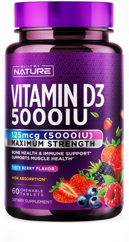 Pastatyta Nature Chewable Vitaminas D3 5000 TV - Vitamino D priedas Chews - Cukrus ir natūralus uogų skonis - 60 tablečių