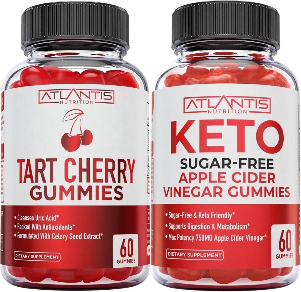 Atlantitis Nutrition Tart Cherry 60 Gummies + Cukrus Nemokamas Keto Apple Cider Actas 60 Gummies