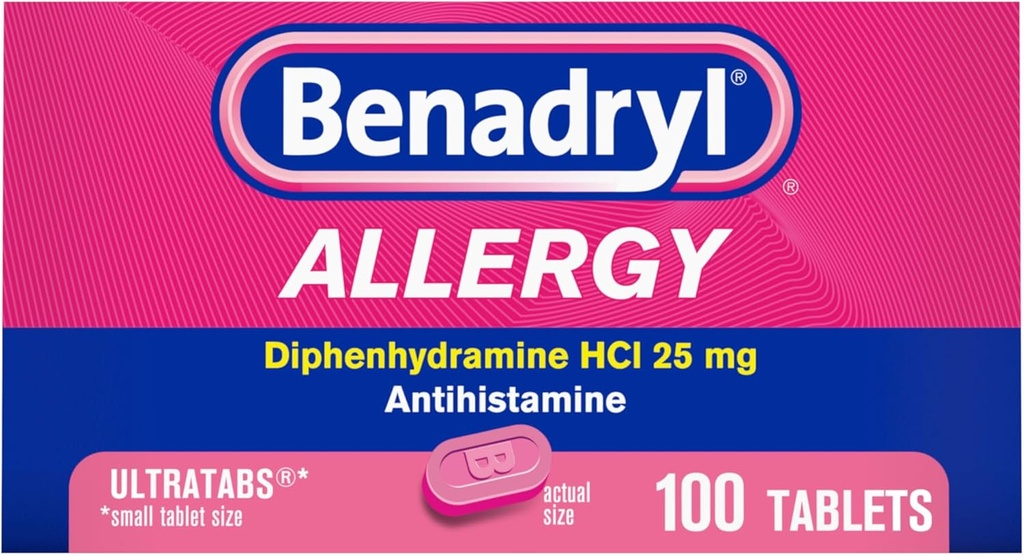 Benadryl Ultratabs Alergija Medicina, 25 mg Difenhidramino HCl Antihistamino tabletės šaltiems ir alergiškiems simptomams palengvinti Kaip čiaudulys, Runny Nose, Niežėjančios akys ir gerklė, šienligė, 100 tablečių