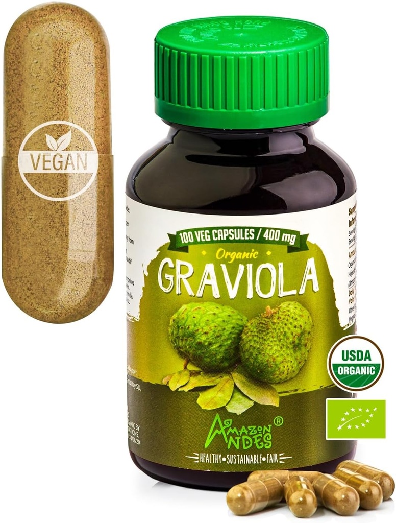 Amazon Andes Graviola Capsules - Rich in Vitamin C & Fiber - Immune System Stimulator - Healthy Cell Function - Vegan, Non GMO, Gluten-free, Fairtrade Certified - 100 Soursop Pills (400mg)