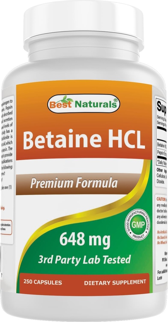 Best Naturals Betaine HCL 648 mg 250 kapsulių