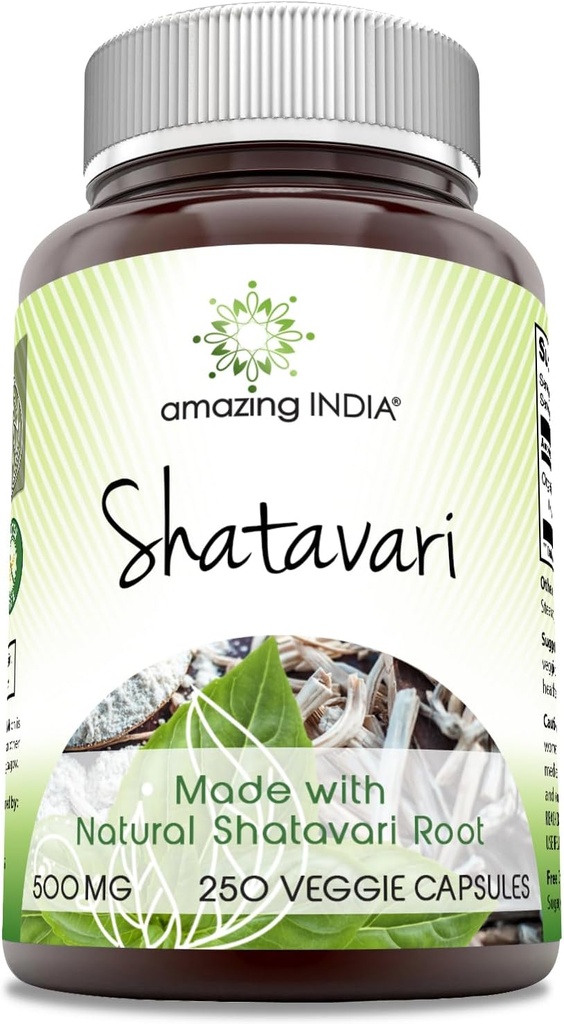 Amazonės Indija Natural Shatavari 500 Mg per Serving 250 Veggie Capsules Addition