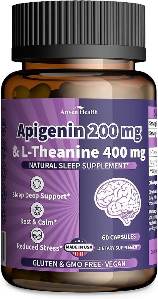 400 mg L- Theanine su 200mg Apigenin papildymu Sleep- Natural Relaxation & Stress Relief - Gluten Free, Non- GMO, Zero Filers - Pagaminta JAV