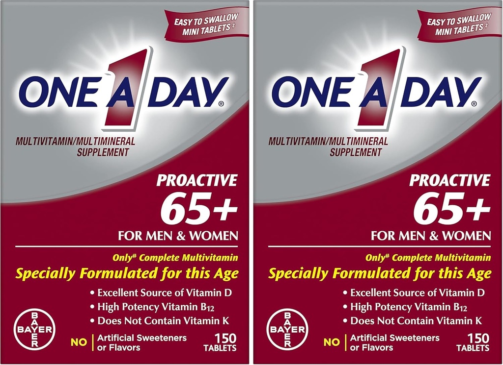 ONE A DIENĄ Proactive 65 +, Mens & Moteris Multivitaminas, Priedas su vitaminu A, Vitaminas C, Vitaminas D, ir Cinkas imuninės sveikatos parama *, Kalcis, Folio rūgštis & Daugiau, Tablečių skaičius 150 (Pack of 2)