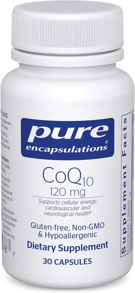 Pure Encapsulations CoQ10 120 mg - Coferment Q10 Addition for Heart Health, Energy, Antioksidants, Brain & Memory Health - Cellull Health, Cognition & Cardiovascular Support * - 30 kapsulių