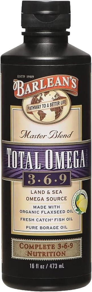 Barlean 's Total Omega 3 6 9 Skystų žuvų taukų priedas su Borage ir Flaxseed aliejumi 6,468 mg Omegas EPA, DHA, ALA, ir GLA, skirtas bendrai ir širdies sveikatai, 16 oz