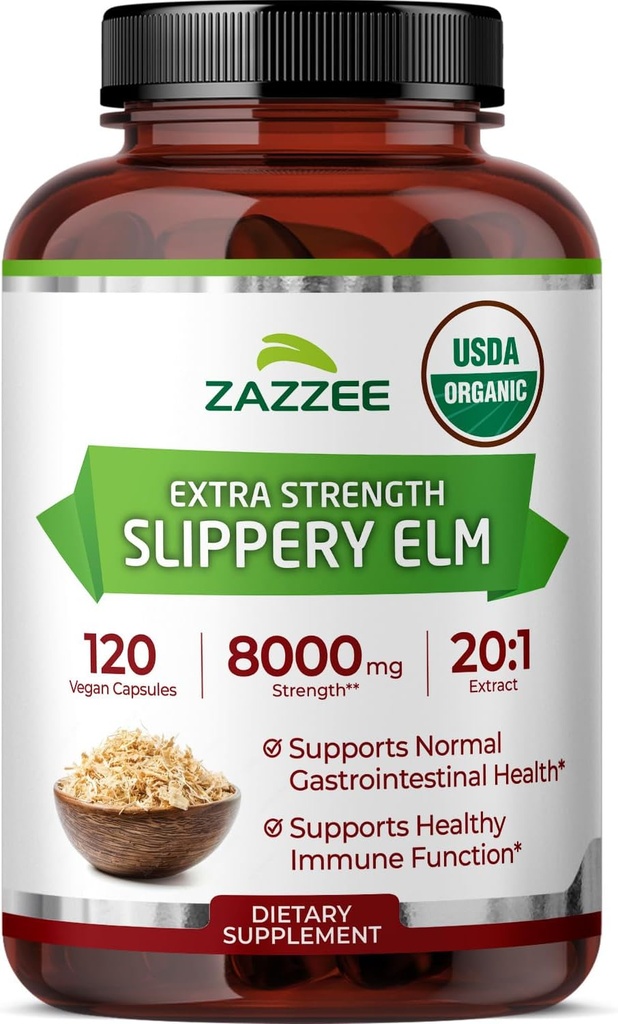 Zazzee USDA Organic Slippery Elm Bark 20:1 Extract, 8000 mg Strength, 120 Vegan Capsules, 4 Month Supply, Standardized, Concentrated 20X Extract, 100% Vegetarian, All-Natural, Non-GMO, Made in the USA