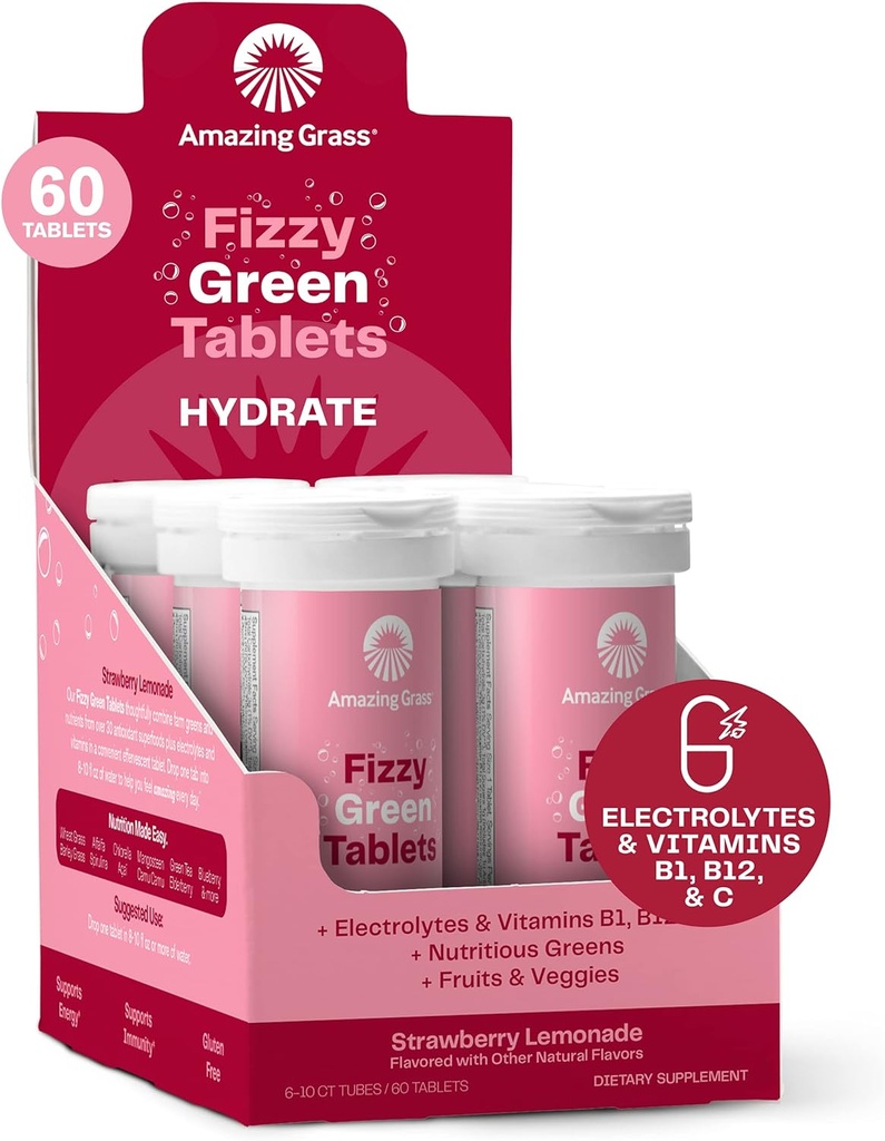 Grass Grass Electrolyte Tablets, Fizzy Žalieji Vandens kvapiosios tabletės su vitaminais, Hydrate Strawberry Lemonade, 10 Count (Pack of 6) (Pakuotė gegužės Vary)