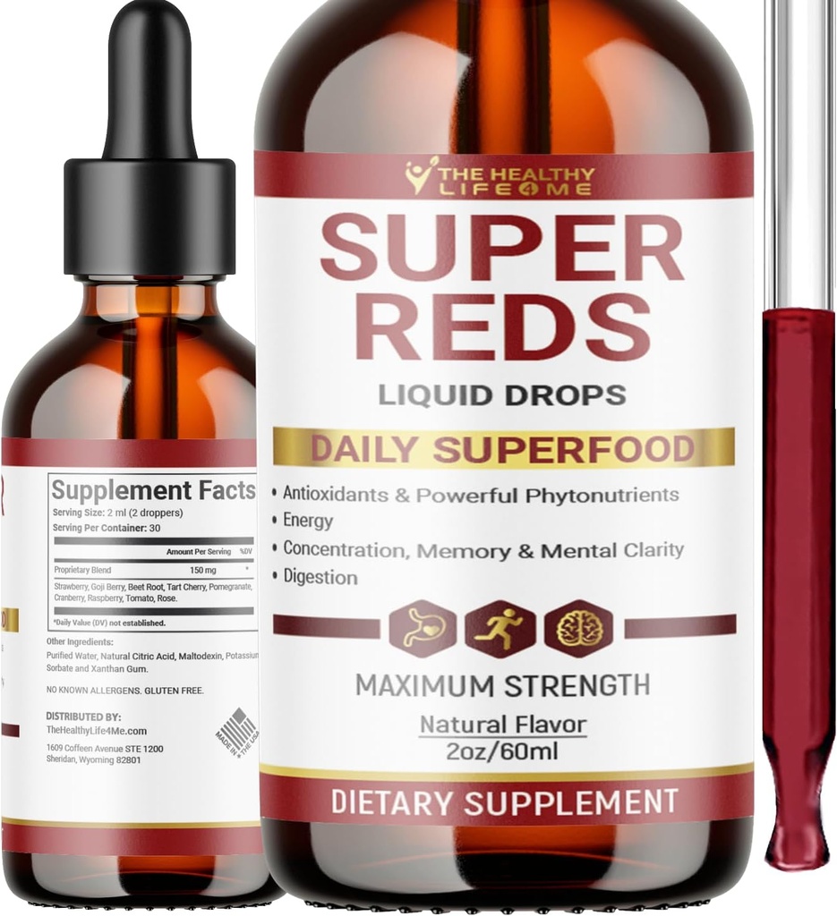 Liquid Super Reds Phytonutrient Superfood Drops | Phytonutrient Blend containing Polyphenols | Antioxidants & More | Great Taste 2oz - 30 Day Supply