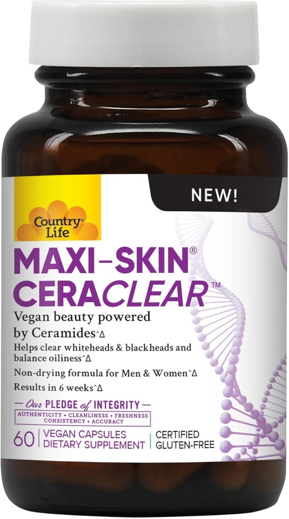 Country Life Maxi- Skin CeraClear, 60 Vegan Capsules - Kliniškai studijavo Konjac šaknis keramidai remti švarus, drėkina odą & Pagerinti hiperpigmentacija - Gluten Free, Vegan, Kosher