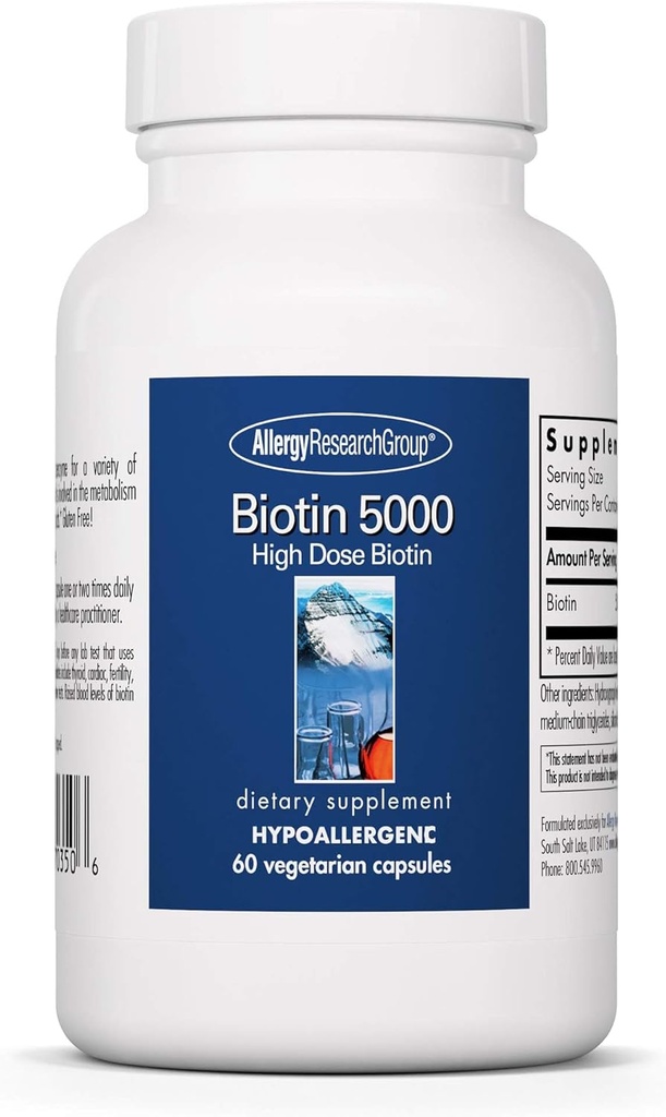 Alergijos mokslinių tyrimų grupė Biotinas 5000 Papildymas - 5000mcg Biotinas, Vitaminai plaukams, odai ir nagams, didelės dozės, Vegetariškų kapsulių, Hipoalergeninis, Gluten Free - 60 Skaičiavimas
