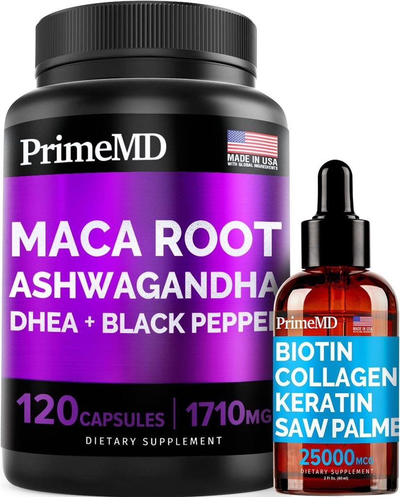 4-in-1 Liquid Biotin Collagen Keratin Saw Palmetto Drops (2 fl oz - 1 Pack) & 6-in-1 Maca Root Ashwagandha w Black Pepper Fruit (120ct) Bundle - Hair, Skin, Nails, Energy & Mood Support Supplement