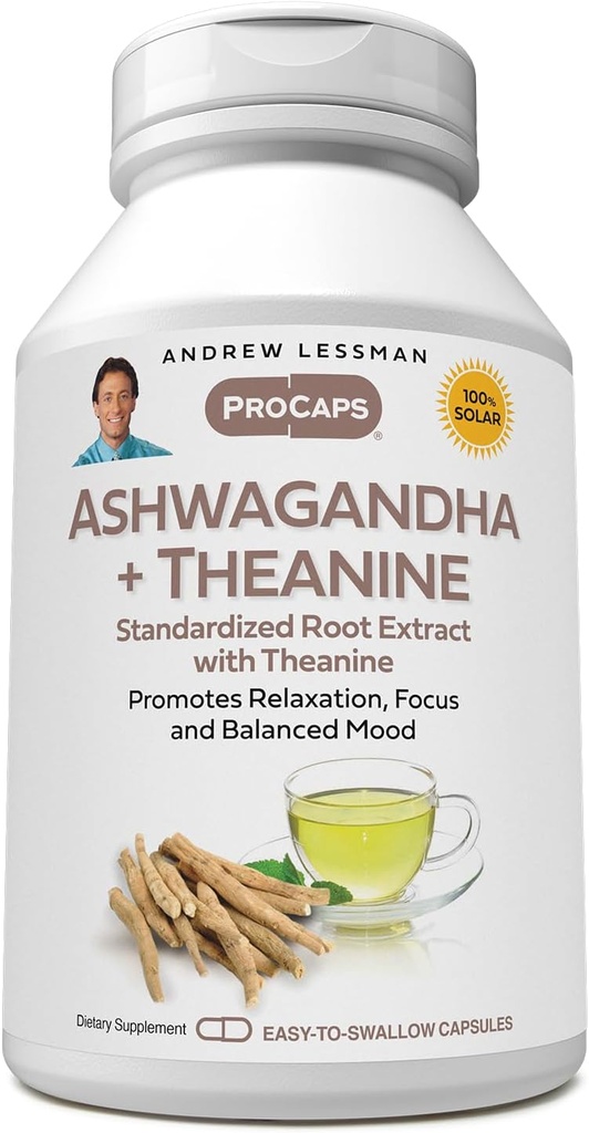 ANDREW LESSMAN Ashwagandha + Theanine 60 kapsulės - Standartinis ekstraktas. Rekotai atsipalaidavimas, Focus ir subalansuotas Mood. Mažos, lengvai nuryjamos kapsulės