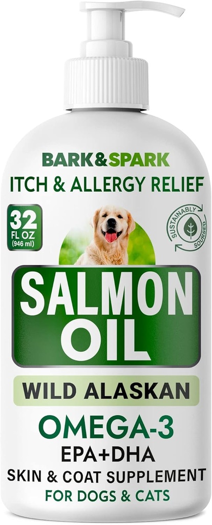 BARK & SPARK lašišos aliejus šunims ir katėms - Natural Omega-3 Žuvų aliejus šunims - Odos & Coat Support - Skysto maisto priedas gyvūnams augintiniams - EPA + DHA Riebalų rūgštys bendros funkcijos, Imuninės ir širdies sveikatos 32oz