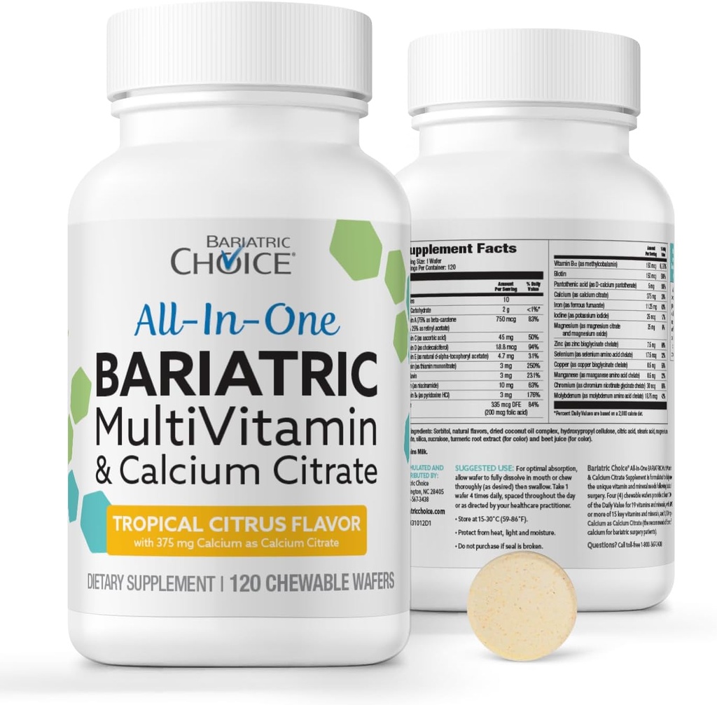Bariatinis pasirinkimas All-in- One Chewable Baariatric Multivitaminas su geležies ir kalcio citratu, Tropikiniai citrusiniai (120ct)
