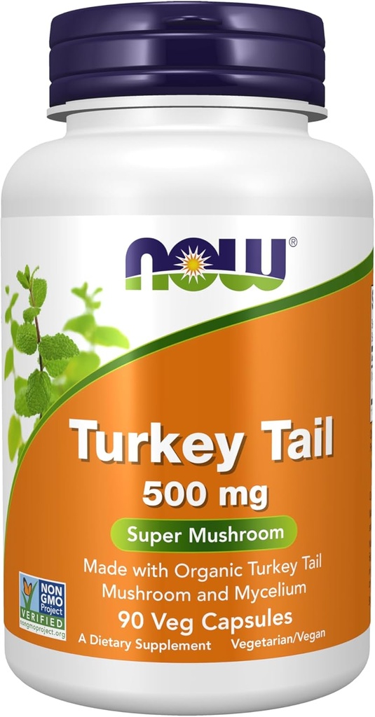 NOW Foods Supplements, Turkey Tail 500 mg, Super Mushroom, Made with Organic Turkey Tail Mushroom and Mycelium, 90 Veg Capsules