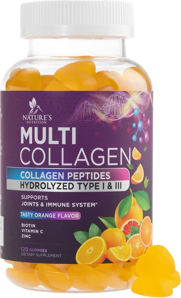 Kolagenas Peptides Gummies su 2500 µg Biotinas - hidrolizuoto baltymo tipo I & III Multi Collagen papildas su vitaminu C & Cinkas - Parama plaukams, oda, vinys, Skanus apelsinų skonio - 120 Gummies