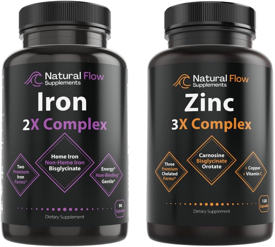 Zinc Supplement Complex with Copper and Vitamin C - Natural Flow 3X Zinc Carnosine and Iron Supplement 2-in-1 Complete Complex - Natural Flow 2X Heme and Chelated Non Heme Iron Bisglycinate