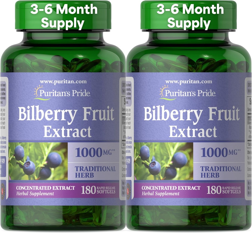 Puritan 's Pride Premium Bilberry vaisių ekstraktas 250 mg (1000mg ekvivalentas), 4: 1 Koncentruotas tradicinis žolinis priedas, vitaminas C, nuo 3 iki 6 mėnesių tiekimo, 180 greito atpalaidavimo minkštikliai 2 - pakuotė