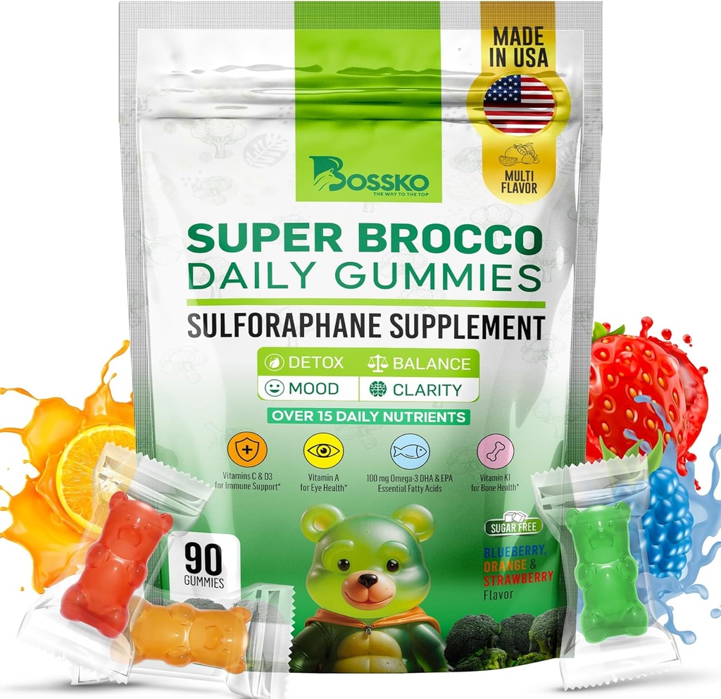Bossko Sulforum Gummies su Omega-3 - Brokolių spurgų ekstraktas, EPA / DHA & Antioksidantai - Ląstelių sveikata ir nuotaika Parama - 90 Vegan Gummies - Mišrios berry Flavors - Sugarė nemokamai