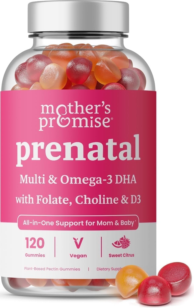 Prenatalinė Vitaminas Gummies su DHA ® 124; Vegan Prenatal Vitaminai moterims su Omega 3, Metilfolatas, Choline & D3, Nėštumas vitaminai vaisiaus vystymuisi ® 124; Gummy multivitaminų priedas, 120 Skaičiavimas